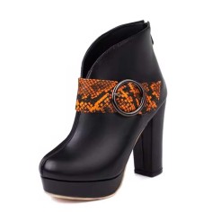 Round Toe Chunky Heels Snake Pattern Straps Low Platforms Ankle Highs Zipper Boots - Orange Faux Leather