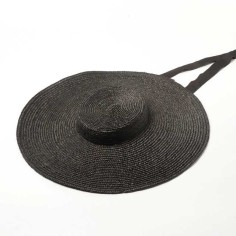 Flat Visor Straw Brim Long Ribbon Summer Beach Casual Hat - Black