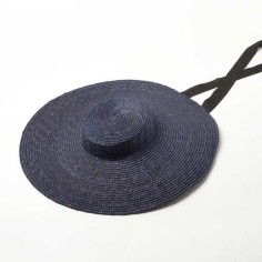 Flat Visor Straw Brim Long Ribbon Summer Beach Casual Hat - Navy