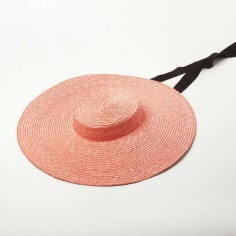 Flat Visor Straw Brim Long Ribbon Summer Beach Casual Hat - Pink