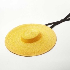 Flat Visor Straw Brim Long Ribbon Summer Beach Casual Hat - Yellow