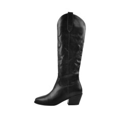 Block Heel Knee High Pointed Toe Western Cowboy Pull On Cowgirl Booties - Black