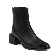 Pointed Toe Chic Medium Wooden Block Heels Ankle High Autumn Boots - Black