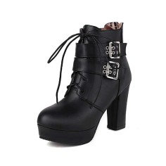 Round Toe Cuban Heels Ankle Buckle Straps Lace Up Boots with Back Zipper - Black
