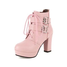 Round Toe Cuban Heels Ankle Buckle Straps Lace Up Boots with Back Zipper - Pink