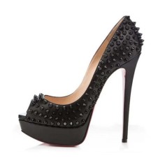 Peep Toe Low Platforms Rivets Studs Stiletto Heels Elegant Punk Gothic Pumps - Black Matte Patent
