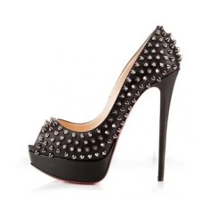 Peep Toe Low Platforms Rivets Studs Stiletto Heels Elegant Punk Gothic Pumps - Black Silver Patent