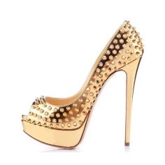 Peep Toe Low Platforms Rivets Studs Stiletto Heels Elegant Punk Gothic Pumps - Gold Patent