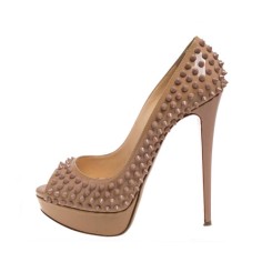 Peep Toe Low Platforms Rivets Studs Stiletto Heels Elegant Punk Gothic Pumps - Nude Tan Patent