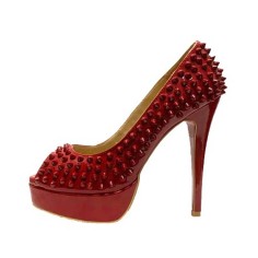 Peep Toe Low Platforms Rivets Studs Stiletto Heels Elegant Punk Gothic Pumps - Red Patent