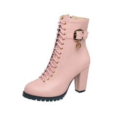 Round Toe Chunky Heels Side Zipper LaceUp Decorated Straps Winter Boots - Pink