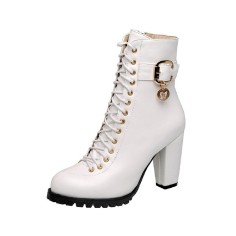 Round Toe Chunky Heels Side Zipper LaceUp Decorated Straps Winter Boots - White