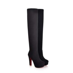 Over The Knee High Platform Flock Matt Winter Booties - SPECIAL - Black - Size 15