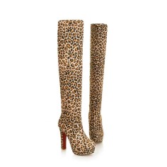 Over The Knee High Platform Flock Matt Winter Booties - Leopard