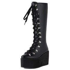 Pointed Toe Knee Highs Lace Up Platforms Wedges Gothic Punk Boots - Black