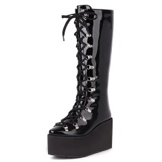 Pointed Toe Knee Highs Lace Up Platforms Wedges Gothic Punk Boots - Black