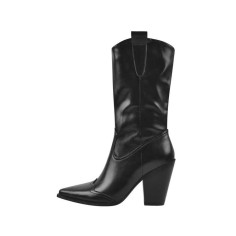 Block Heel Knee High Pointed Toe Pull On Cowboy Western Booties with Side Zipper - Black