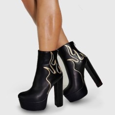 Round Toe Ankle High Side Zipper Chunky Heels Platforms Punk Flame Boots - Black Gold