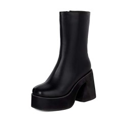 Round Toe Chunky Heels Side Zipper Matte Ankle Highs Platforms Boots - Black Faux Leather