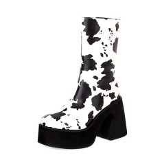 Round Toe Chunky Heels Side Zipper Cow Pattern Ankle Highs Platforms Boots - White Black Faux Leather