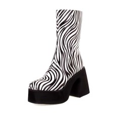 Round Toe Chunky Heels Side Zipper Zebra Pattern Ankle Highs Platforms Boots - White Black Faux Leather