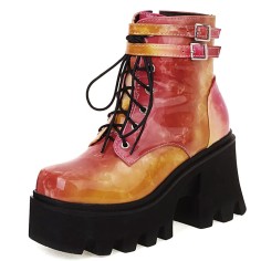Round Toe Chunky Heels Lace Up Ankle Buckle Straps Zipper Platforms Boots - Red