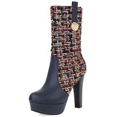 Round Toe Spike Heels Platforms Tweed Fabric Knee Highs Zipper Booties - Blue
