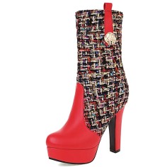 Round Toe Spike Heels Platforms Tweed Fabric Knee Highs Zipper Booties - Red