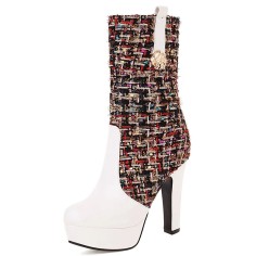 Round Toe Spike Heels Platforms Tweed Fabric Knee Highs Zipper Booties - White