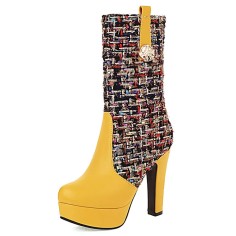 Round Toe Spike Heels Platforms Tweed Fabric Knee Highs Zipper Booties - Yellow
