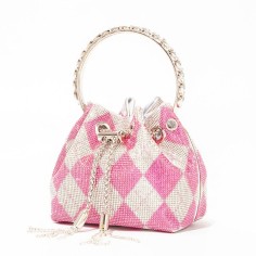 Chain Metal Ring Handle Rhinestones Bucket Purse Bags - Pink Plaid