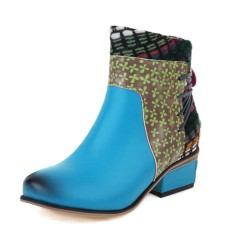 Round Toe Cross Straps Color Matching Pattern Ethnic Style Ankle Highs Chunky Heels Boots - Blue Faux Leather
