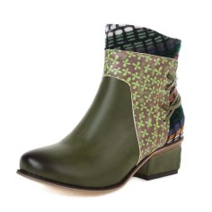 Round Toe Cross Straps Color Matching Pattern Ethnic Style Ankle Highs Chunky Heels Boots - Green Faux Leather