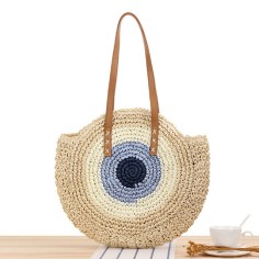 Wicker Straw Beach Evil Eye Symbol Summer Tote Bags - Beige