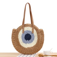 Wicker Straw Beach Evil Eye Symbol Summer Tote Bags - Khaki