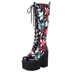 Round Toe Chunky Heels Lace Up Flower Texture Cross Straps Platforms Knee Highs Boots - Black Patent