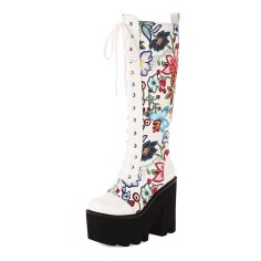 Round Toe Chunky Heels Lace Up Flower Texture Cross Straps Platforms Knee Highs Boots - White Faux Leather