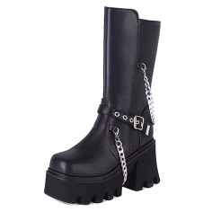 Square Toe Punk Metal Chain Chunky Heels Platforms Side Zipper Boots - Black Faux Leather