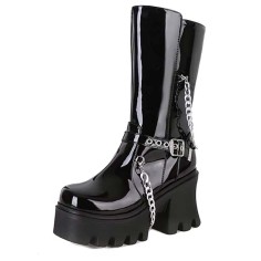 Square Toe Punk Metal Chain Chunky Heels Platforms Side Zipper Boots - Black Patent