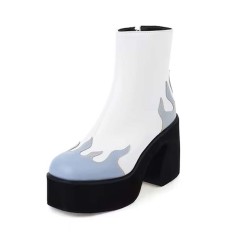 Round Toe Onfire Platforms Side Zipper Boots - White Faux Leather
