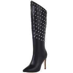 Pointed Toe Knee Highs Stiletto Heels Side Zipper Rivets Punk Boots - Black