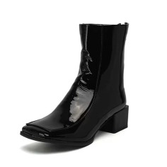 Square Toe Back Zipper Low Chunky Heels Back Zipper Ankle Highs Boots - Black Patent