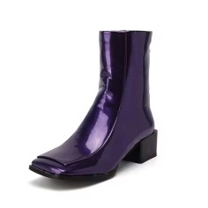 Square Toe Back Zipper Low Chunky Heels Back Zipper Ankle Highs Boots - Purple Patent