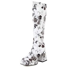 Square Toe Chunky Heels Lace Up Flower Texture Low Platforms Knee Highs Boots - White Faux Leather