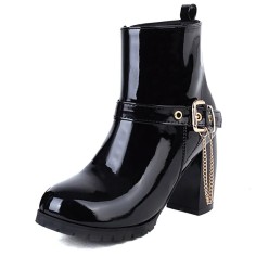 Round Toe Chunky Heels Side Zipper Ankle Highs Buckle Straps Chain Boots - Black