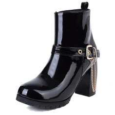 Round Toe Chunky Heels Side Zipper Ankle Highs Buckle Straps Chain Boots - Black