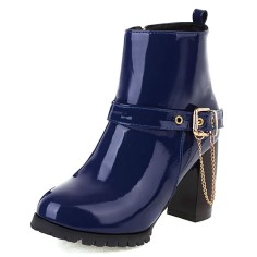 Round Toe Chunky Heels Side Zipper Ankle Highs Buckle Straps Chain Boots - Blue