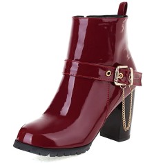Round Toe Chunky Heels Side Zipper Ankle Highs Buckle Straps Chain Boots - Wine Red