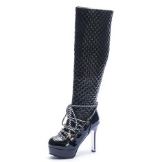 Round Toe Dimensional Lattice Decorated Lace Up Platforms Thigh High Stiletto Boots - Black