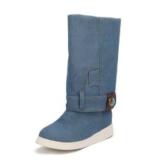 Round Toe  Street Trend Knee Highs Couple Flat Boots - SkyBlue Denim